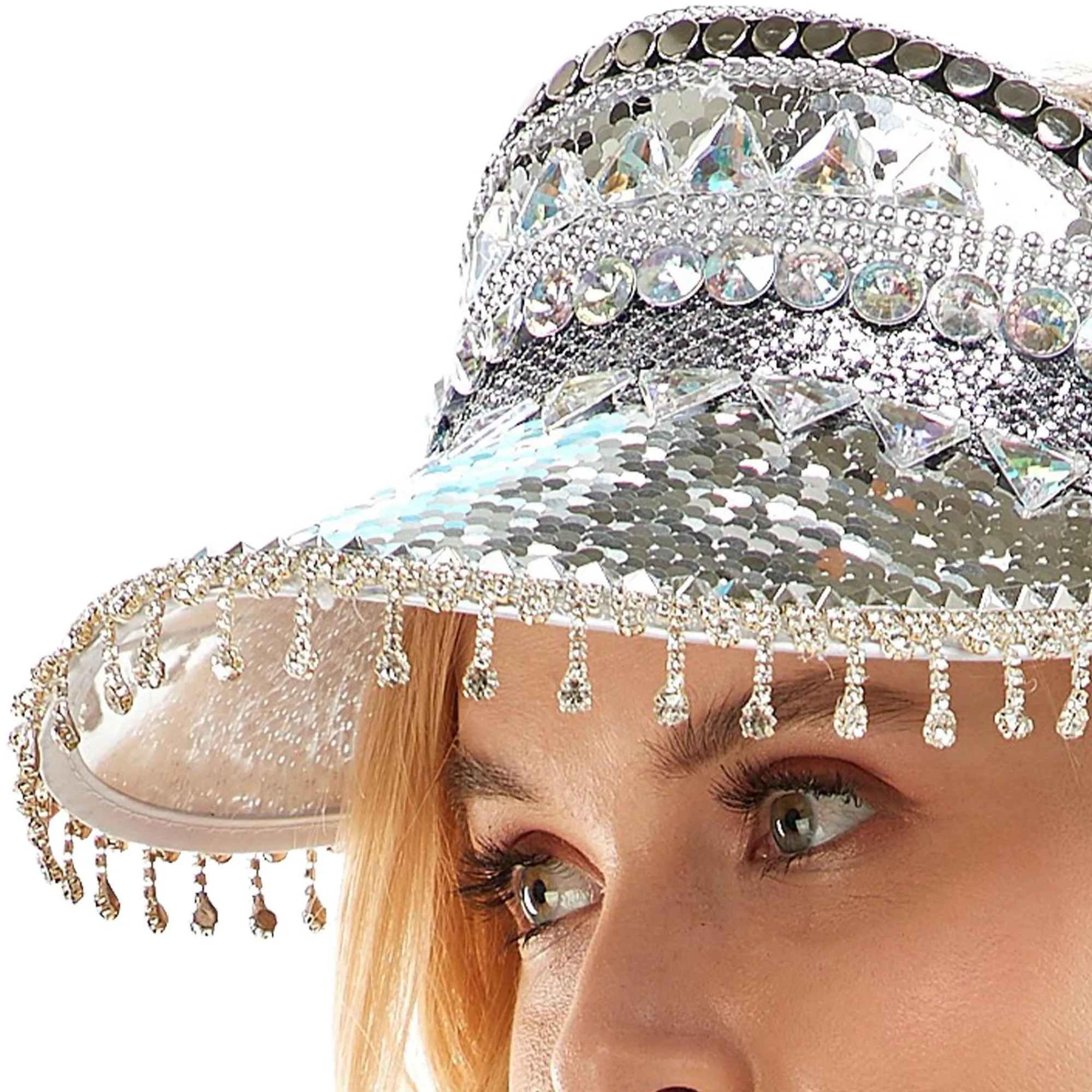 Party City Hats-Adult Festival Beaded Silver Visor