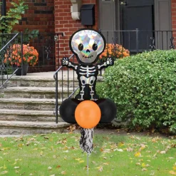 Party City Yard Stakes & Signs|Air-Filled Iridescent Skeleton Foil & Latex Balloon Yard Sign, 64In