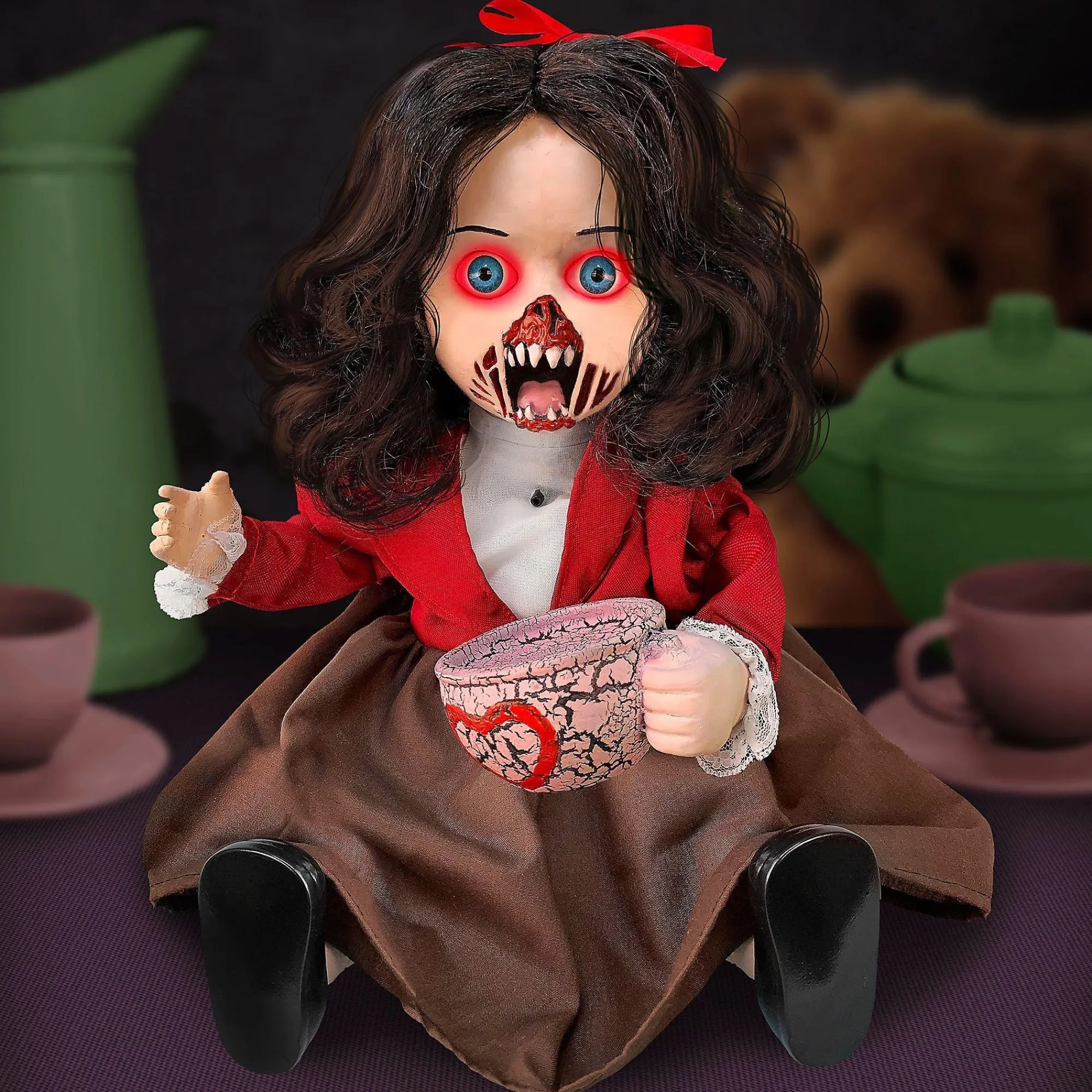 Party City Table Décor & Centerpieces|Animatronic Light-Up Talking Zombie Doll With Tea Cup Plastic & Fabric Decoration, 11In X 12In