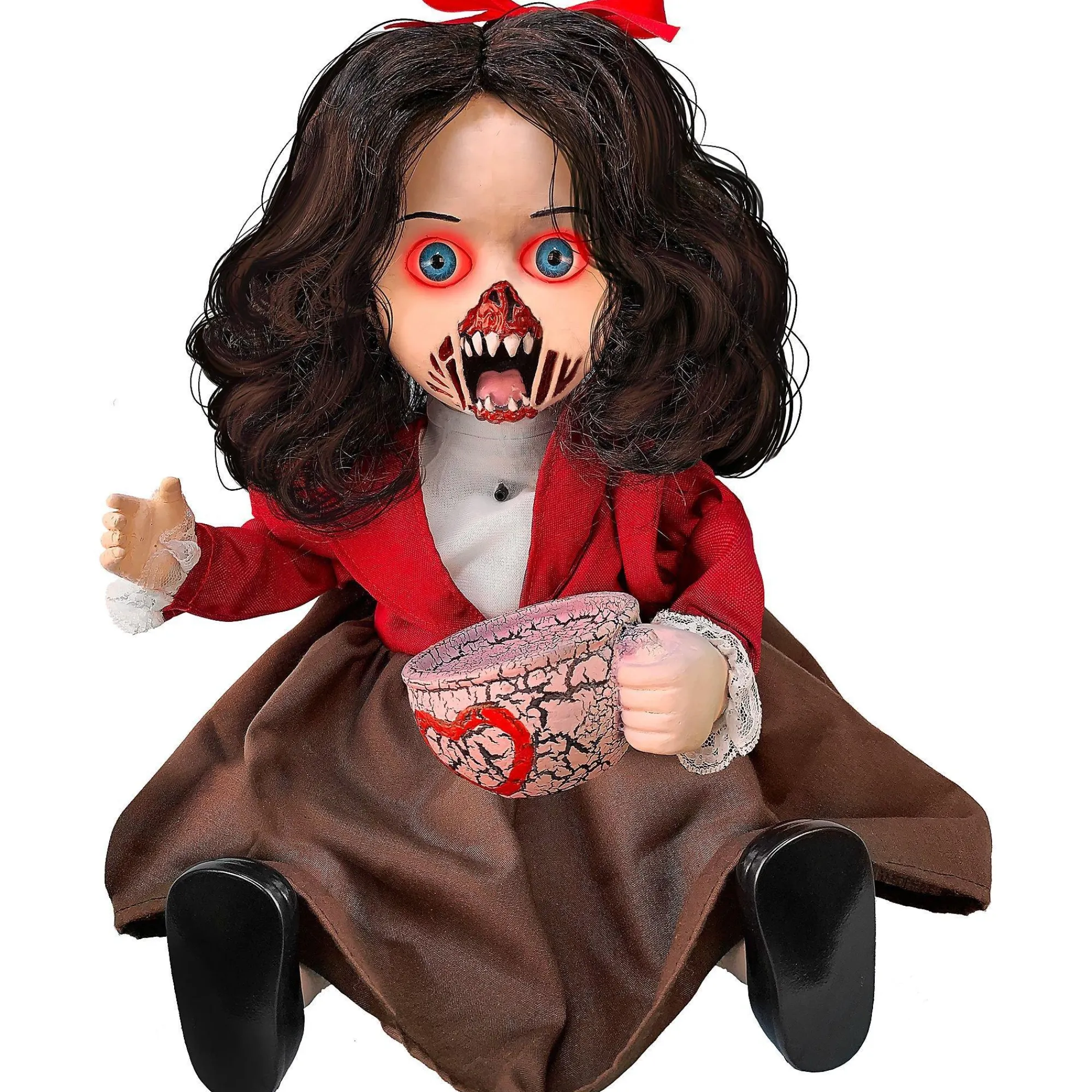 Party City Table Décor & Centerpieces|Animatronic Light-Up Talking Zombie Doll With Tea Cup Plastic & Fabric Decoration, 11In X 12In