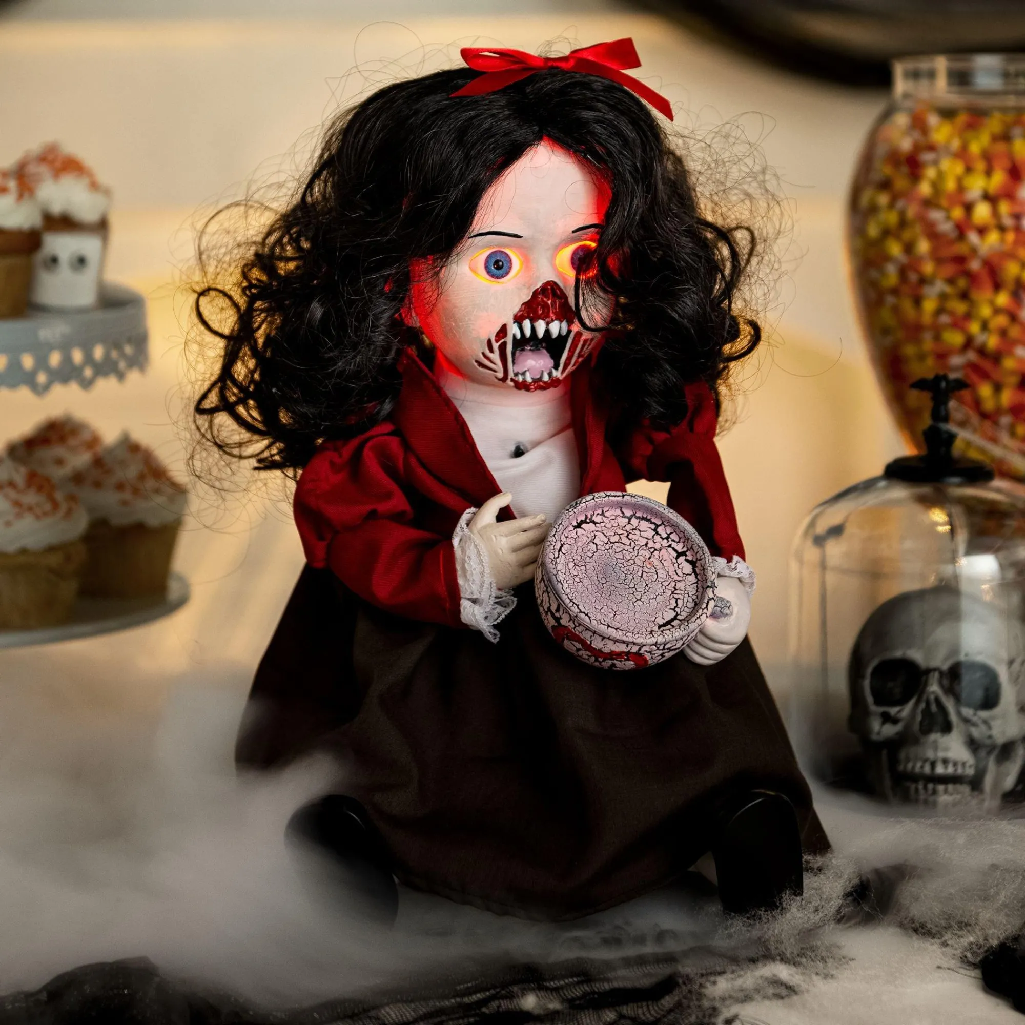 Party City Table Décor & Centerpieces|Animatronic Light-Up Talking Zombie Doll With Tea Cup Plastic & Fabric Decoration, 11In X 12In