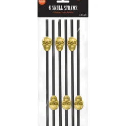 Party City Boneyard Glam|Black & Metallic Gold Skull Straws 6Ct