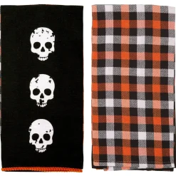 Party City Table Décor & Centerpieces|Black & Orange Skulls & Buffalo Plaid Fabric Kitchen Towels, 18In X 28In, 2Ct