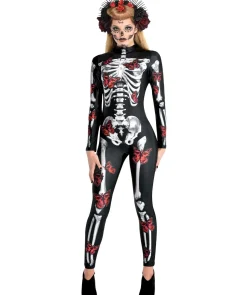 Party City Bodywear-Black & Red Skeleton Catsuit With Butterflies For Adults - Day Of The Dead