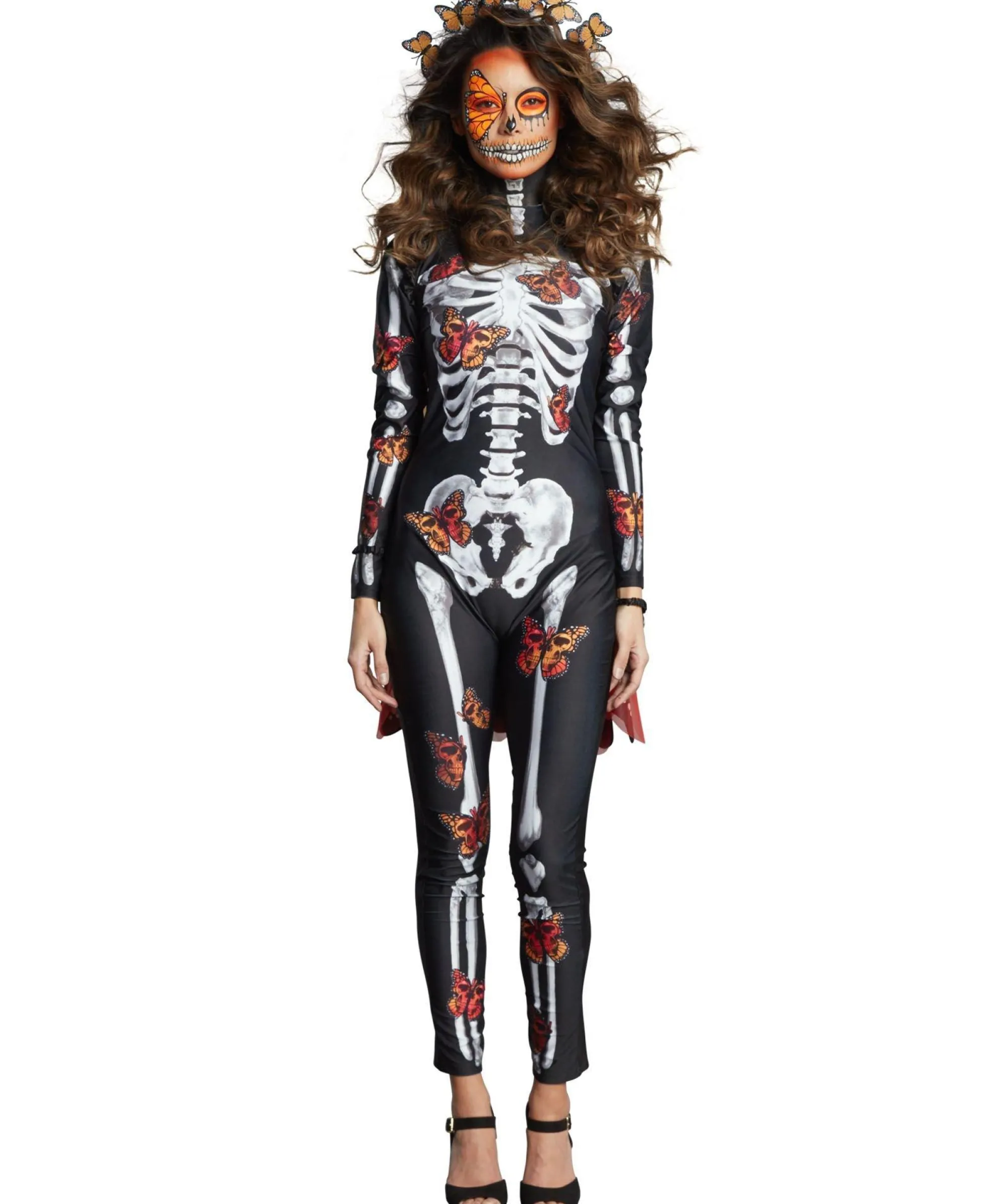 Party City Bodywear-Black & Red Skeleton Catsuit With Butterflies For Adults - Day Of The Dead
