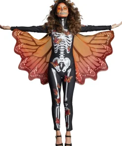 Party City Bodywear-Black & Red Skeleton Catsuit With Butterflies For Adults - Day Of The Dead