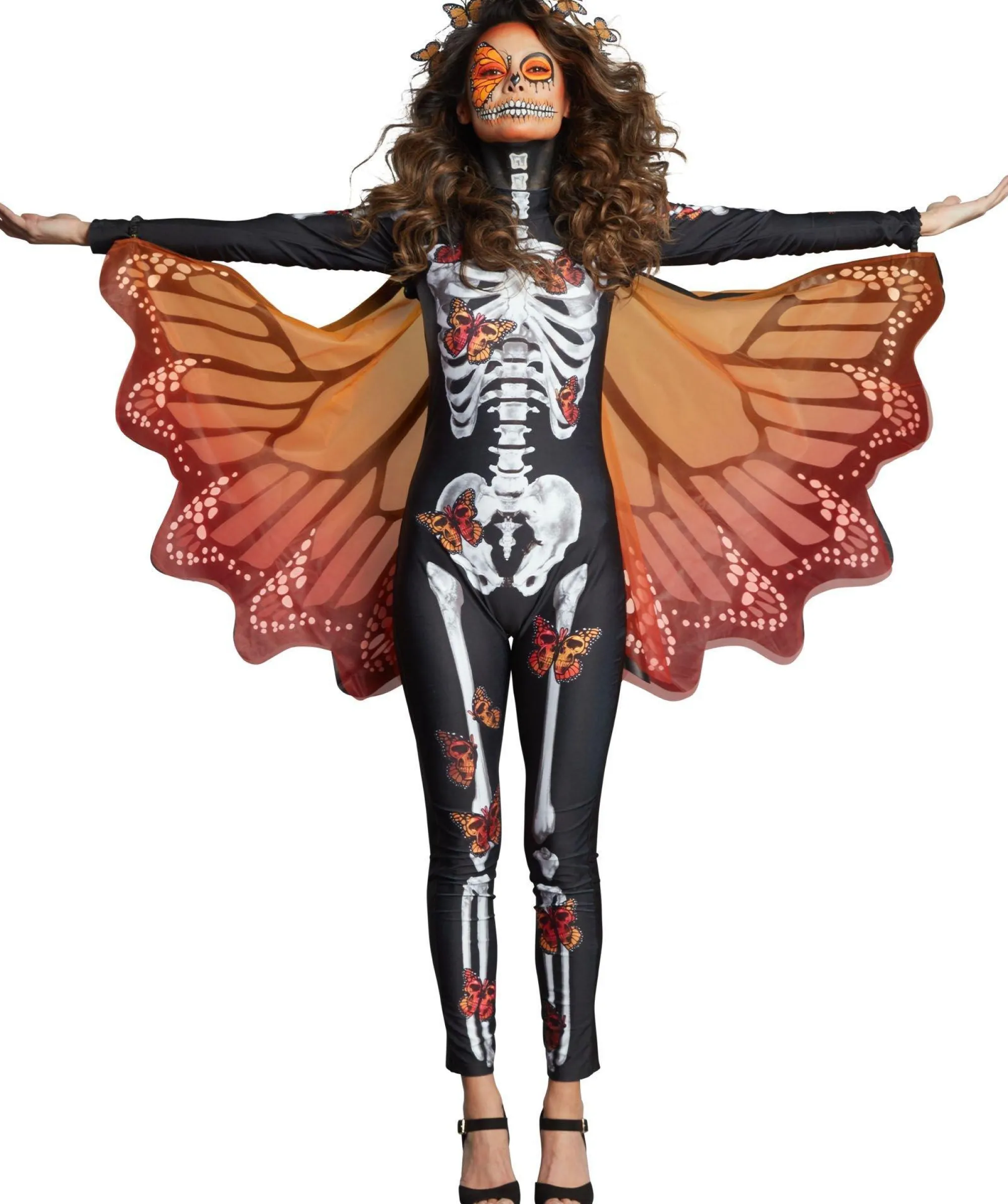 Party City Bodywear-Black & Red Skeleton Catsuit With Butterflies For Adults - Day Of The Dead