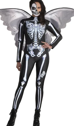 Party City Bodywear-Black & White Skeleton Catsuit With Butterflies For Adults