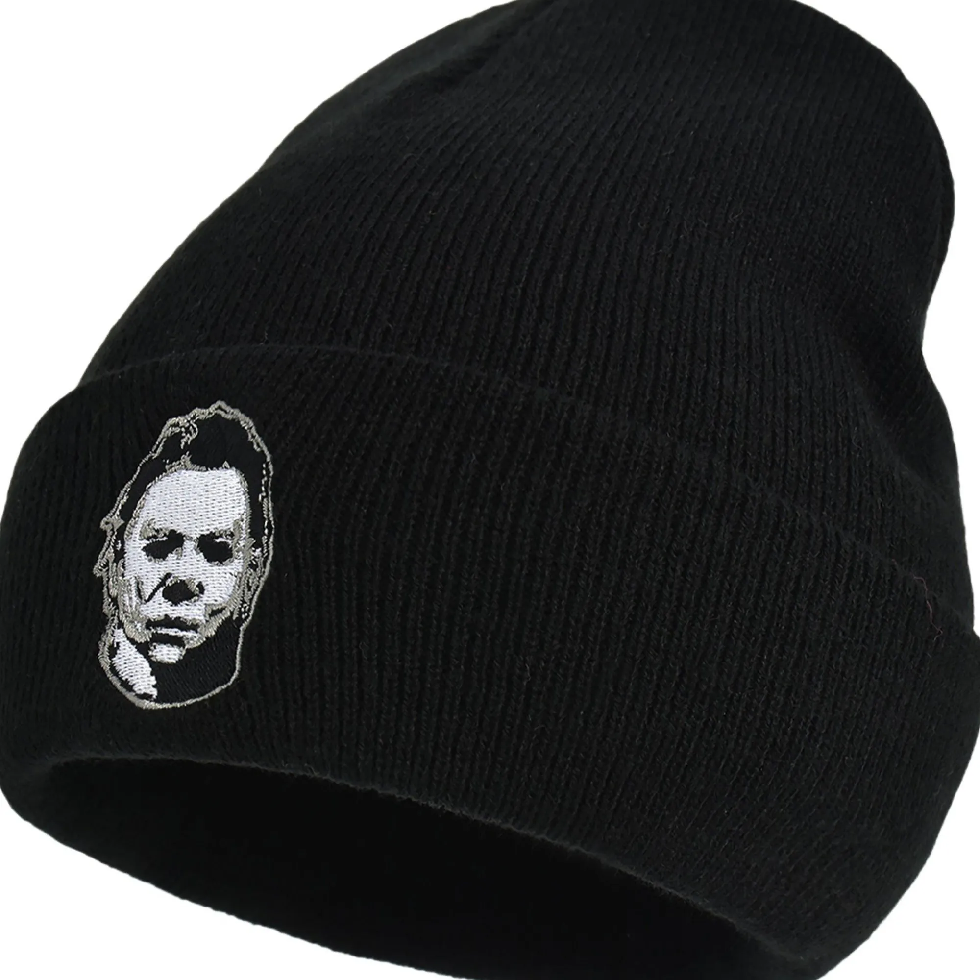 Party City Hats-Black Embroidered Michael Myers Mask Acrylic Knit Beanie - Halloween 2
