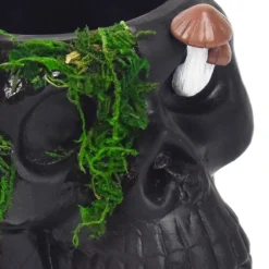 Party City Home Décor|Black Resin & Moss Skull & Mushroom Planter, 7.25In