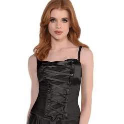 Party City Corsets-Black Satin Lace-Up Corset For Adults With Removable Straps