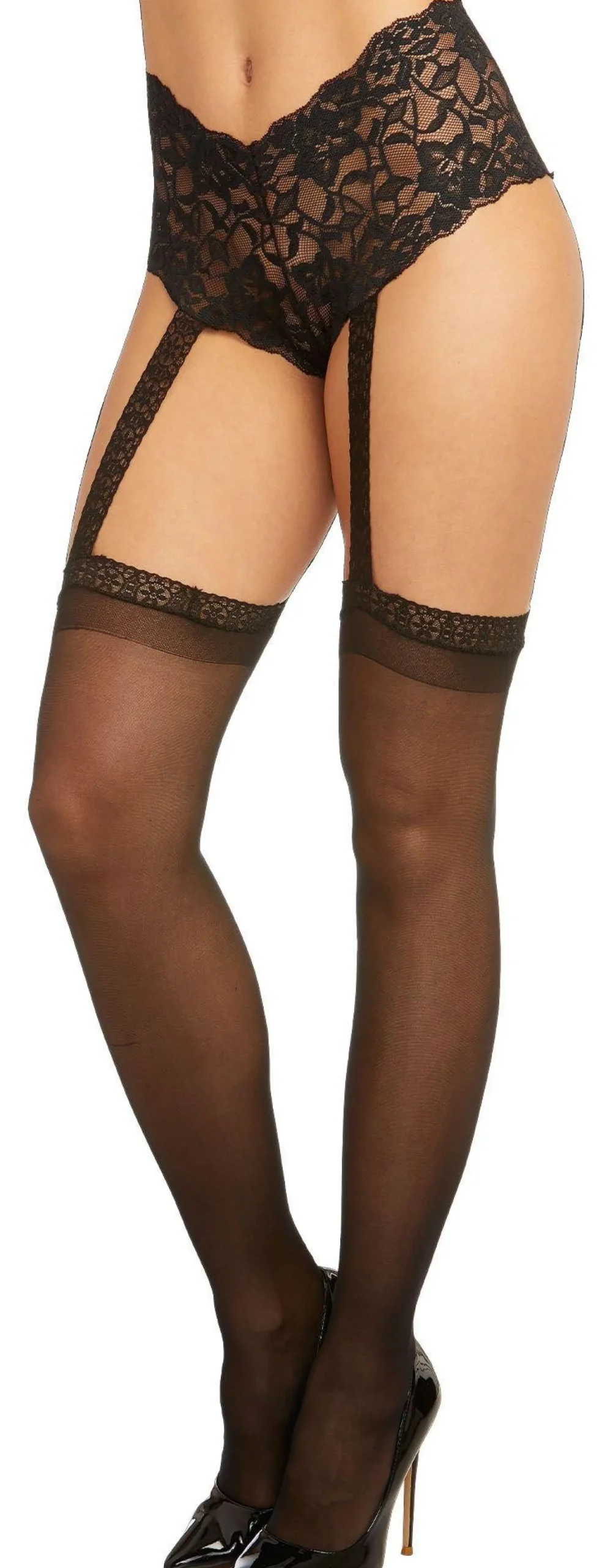 Party City Tights-Black Sheer Pantyhose For Adults With Lace Shorts & Garter