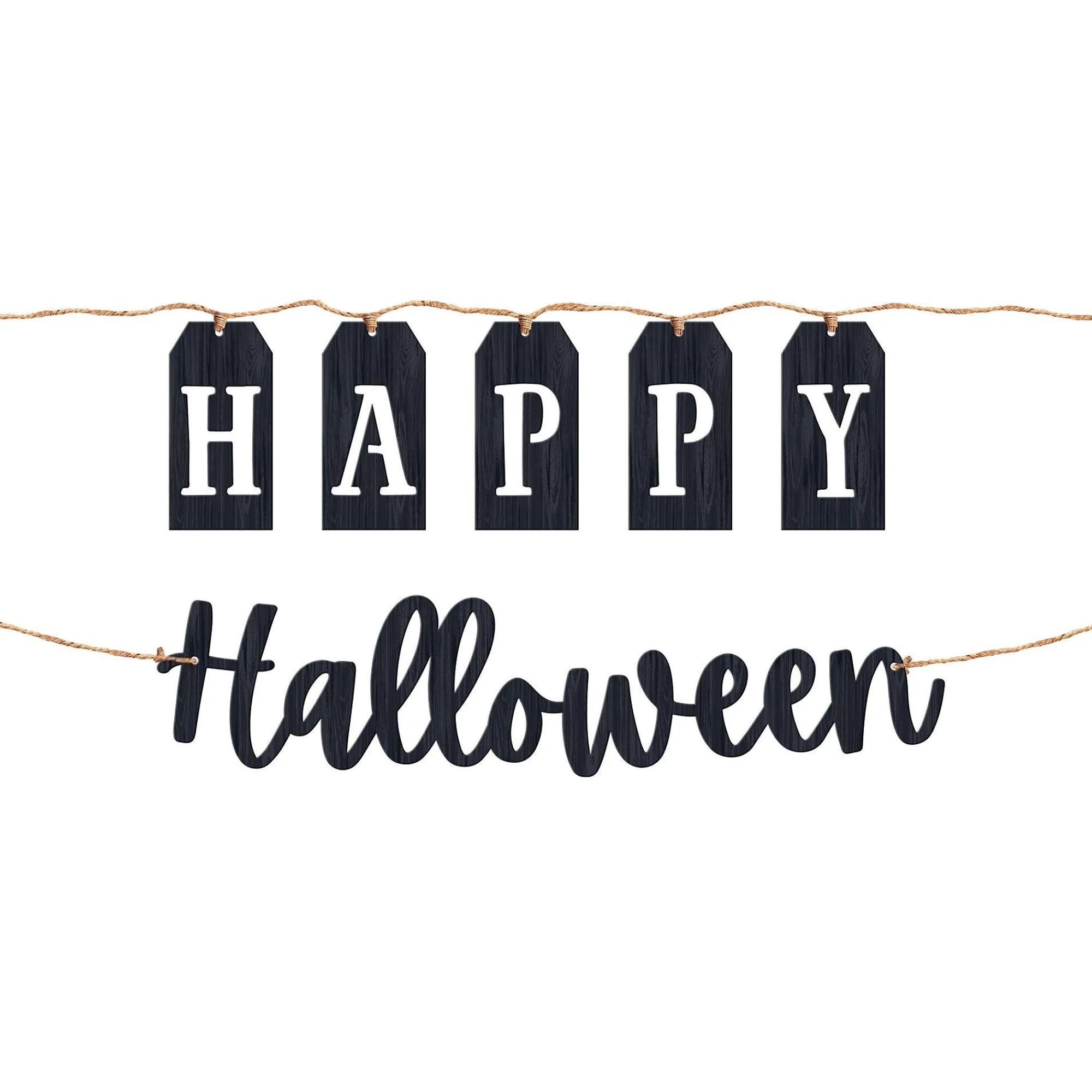 Party City Decorations|Classic Black & White Happy Halloween Wood & Twine Banners, 6Ft, 2Ct