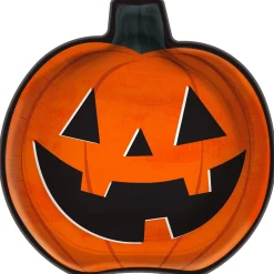 Party City Spooky Friends|Classic Orange & Black Pumpkin-Shaped Jack-O'-Lantern Paper Lunch Plates, 9In, 8Ct