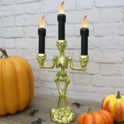 Party City Skeletons|Light-Up Gold Skeleton Plastic Candelabra, 6.3In X 14In