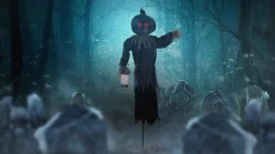 Party City Animatronics|Light-Up Motion-Activated Scarecrow & Lantern Plastic & Fabric Yard Stake With Sounds, 7.8Ft