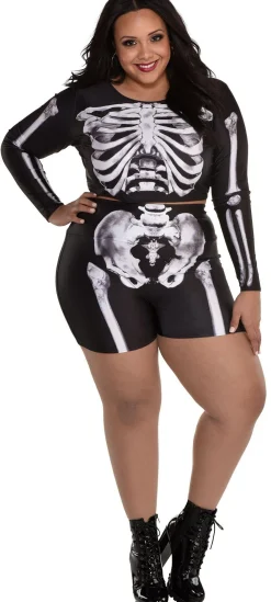 Party City Plus Size Costumes-Plus Size Skeleton Crop Top & Biker Shorts Set For Adults