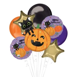 Party City Balloons|Premium Black Cat & Pumpkin Halloween Foil Balloon Bouquet, 8Pc