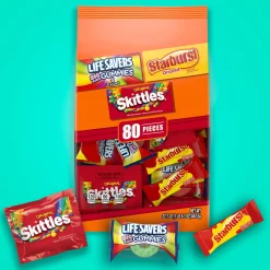 Skittles,Starburst Bulk Candy-Skittles, Starburst, & Life Savers Gummies Fun Size Variety Bag, 22.7Oz, 80Pc