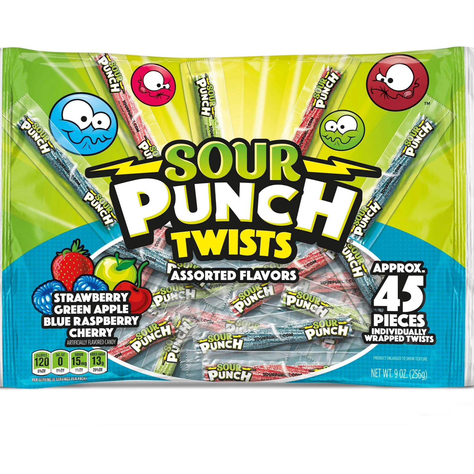 Sour Punch Bulk Candy- Twists, 45Ct - Blue Raspberry, Cherry, Green Apple & Strawberry