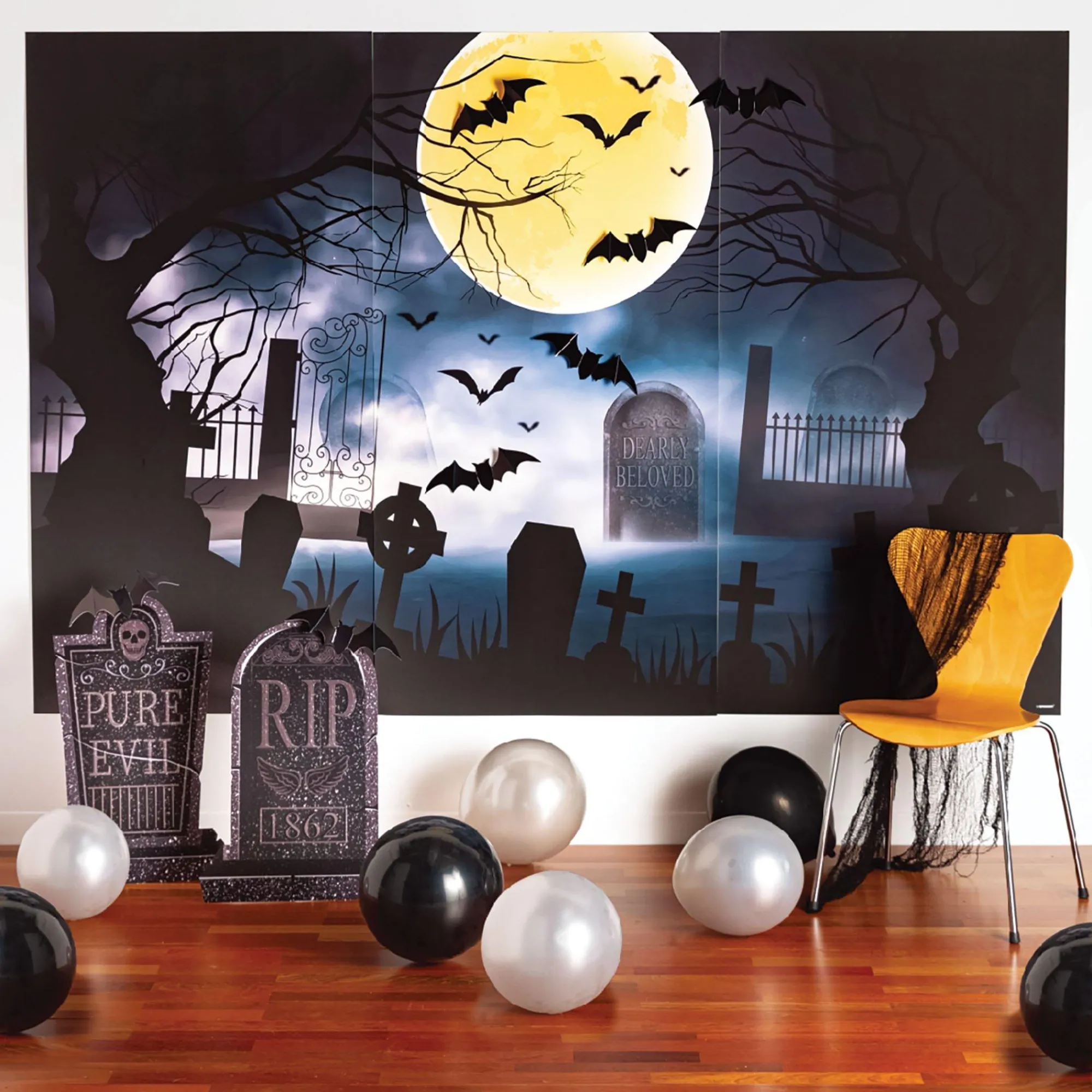 Party City Window & Wall Décor|Spooky Moonlit Cemetery Halloween Backdrop Kit, 100In X 65In