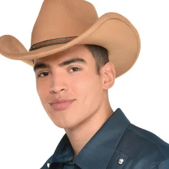 Party City Cowboy-Tan Cowboy Hat With Faux Leather Trim, One Size