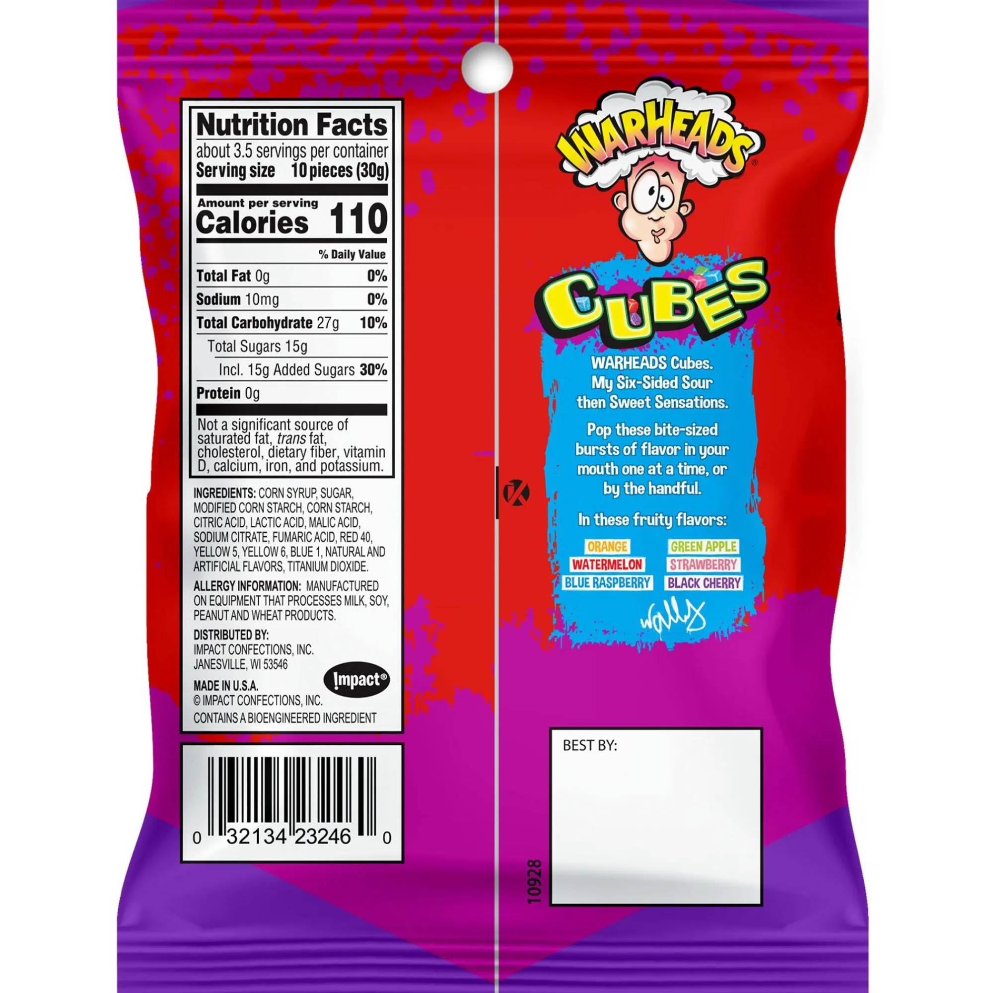 Warheads Bulk Candy- Cubes, 4Oz - Orange, Watermelon, Blue Raspberry, Black Cherry, Strawberry & Green Apple